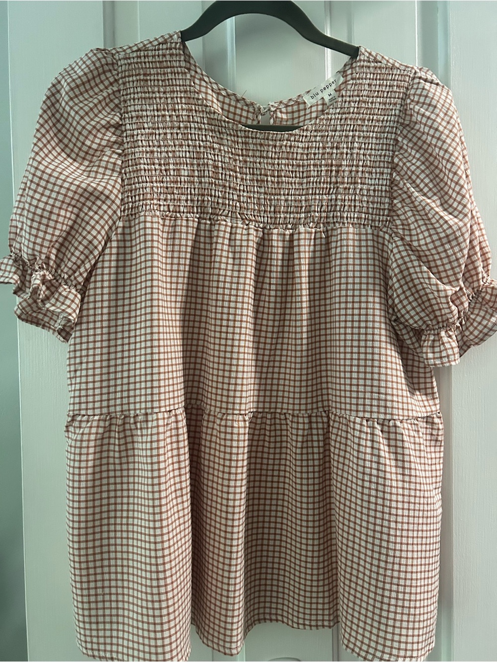 Zara Blu Pepper Blush Brown Checked Smocked Puff-Sleeve Blouse